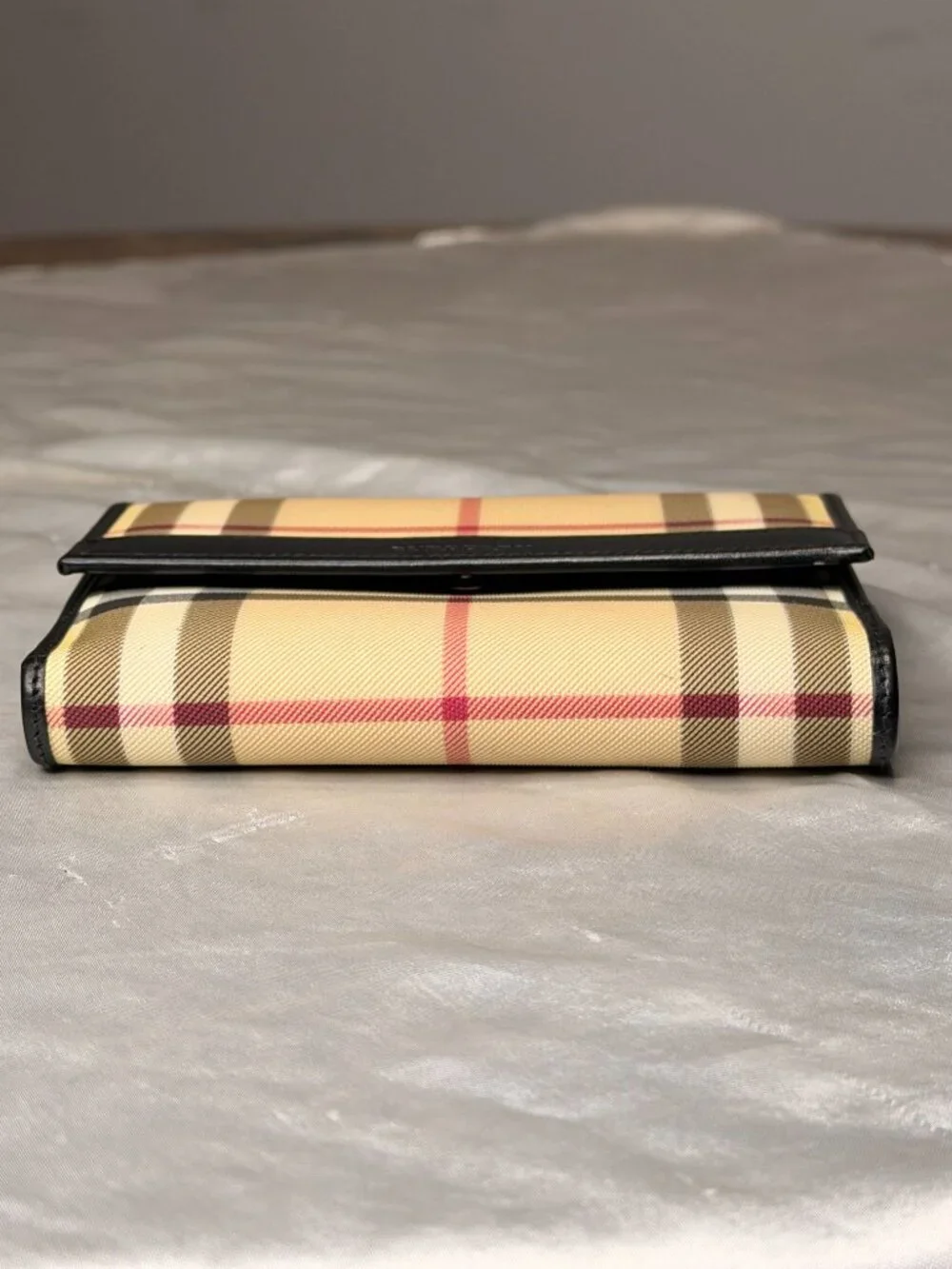 Burberry London Beige Check & Black Leather Compact Wallet